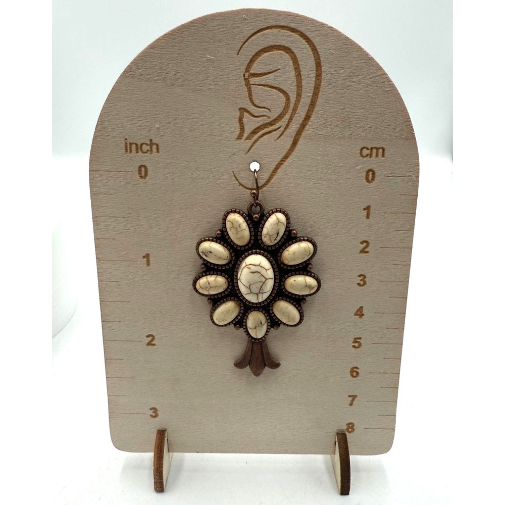 Boho Copper Tone White Faux Turquoise Flower Cluster Dangle Earrings Western